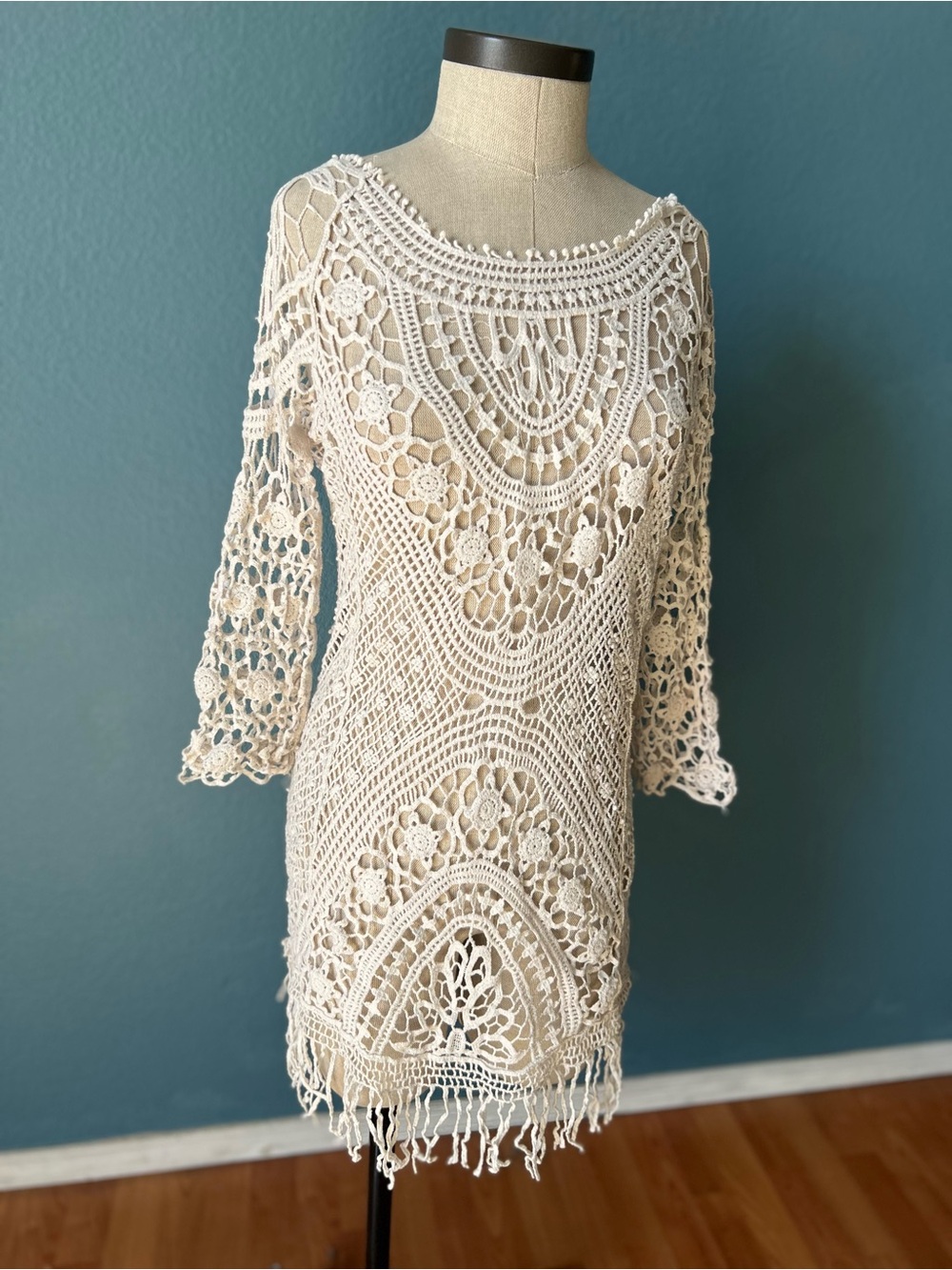 Crochet Lace Tunic Dress Bikini cover up - Cream one size